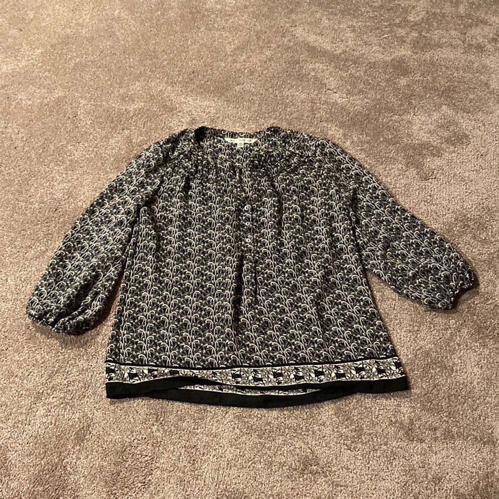 Max Studio Black White Print Blouse 3/4 Sleeve Lightweight Boho Casual SIZE XS